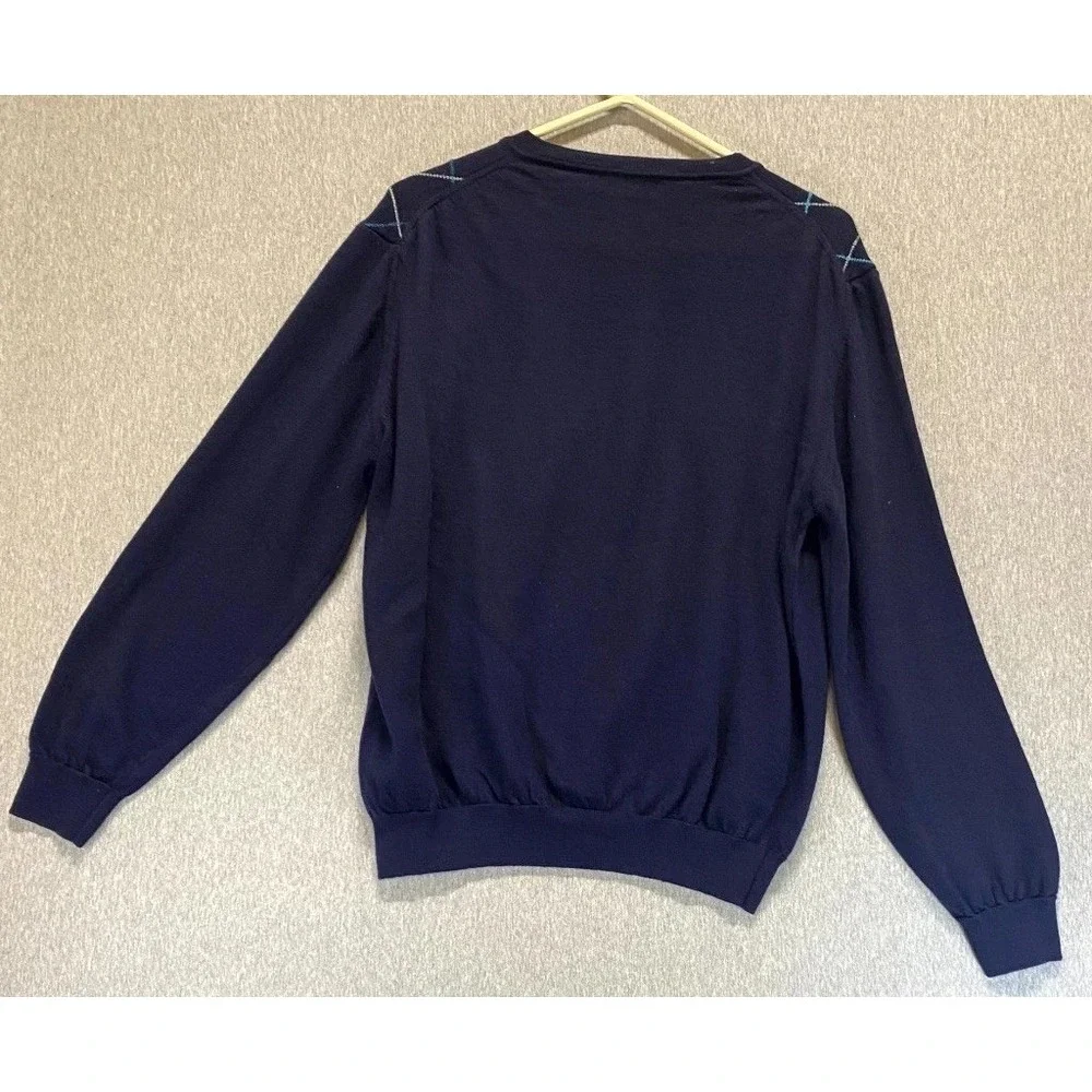 John Ashford Extra Fine Sweater Mens XL Blue Argyle Print Merino Wool V Neck